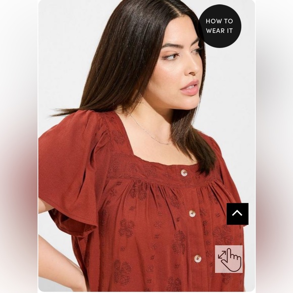 Torrid Embroidered Square Neck Flutter Short Sleeve Top plus 1X brown rust Fall - Picture 2 of 6